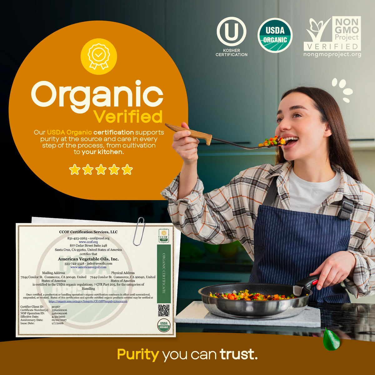 AVO Organic Canola Oil label close-up—certified organic and non-GMO.
