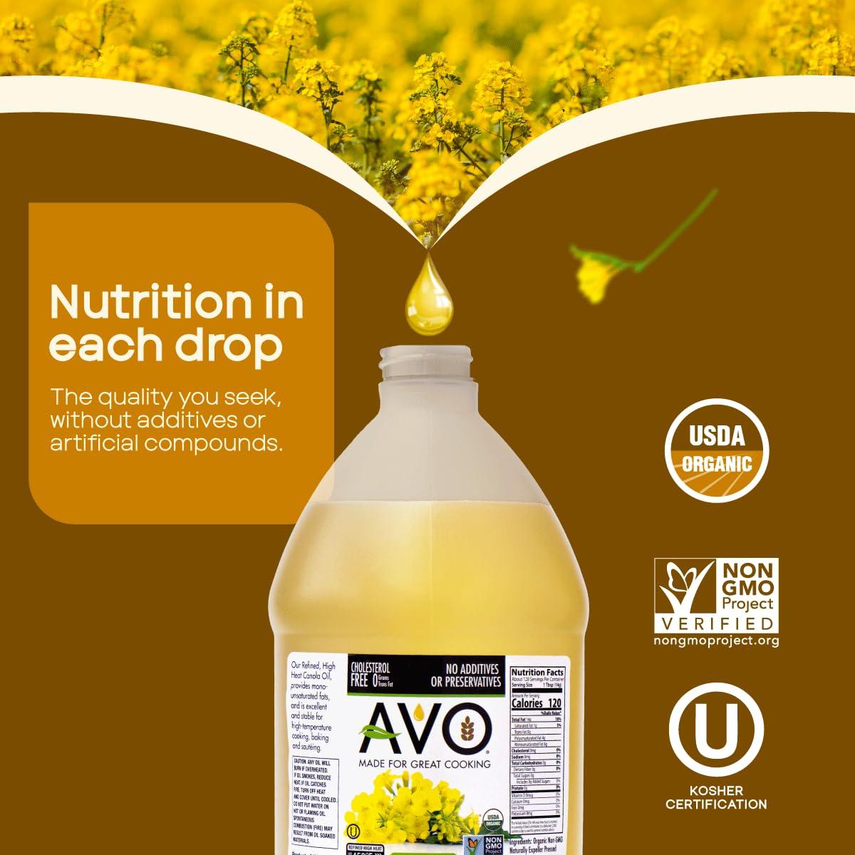 AVO Organic Canola Oil pour—steady stream for sauces.