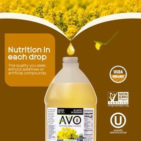 AVO Organic Canola Oil pour—steady stream for sauces.