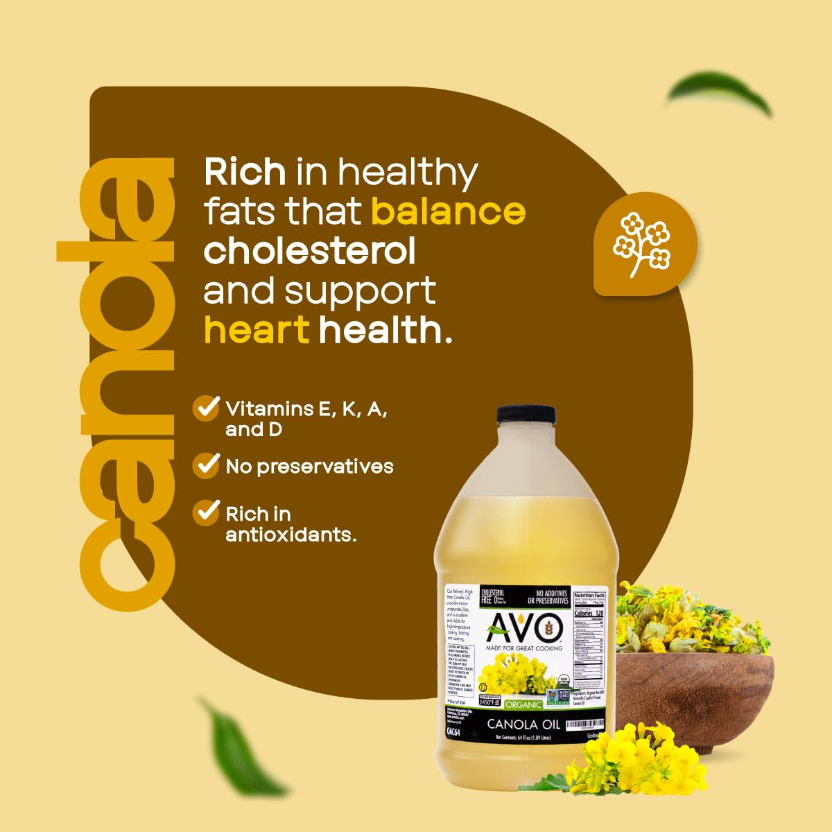 AVO Organic Canola Oil bottle with salad—versatile for dressings and marinades.