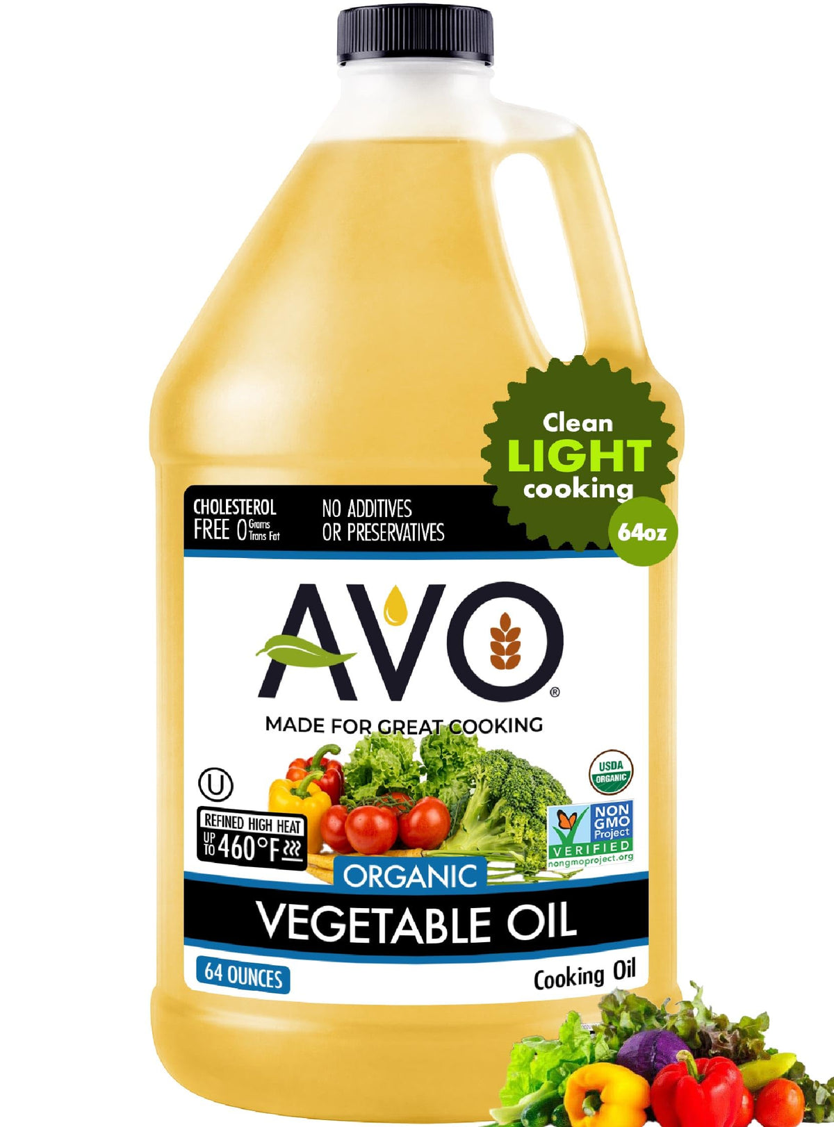 AVO Organic Vegetable Oil bottle with pour spout for versatile cooking.