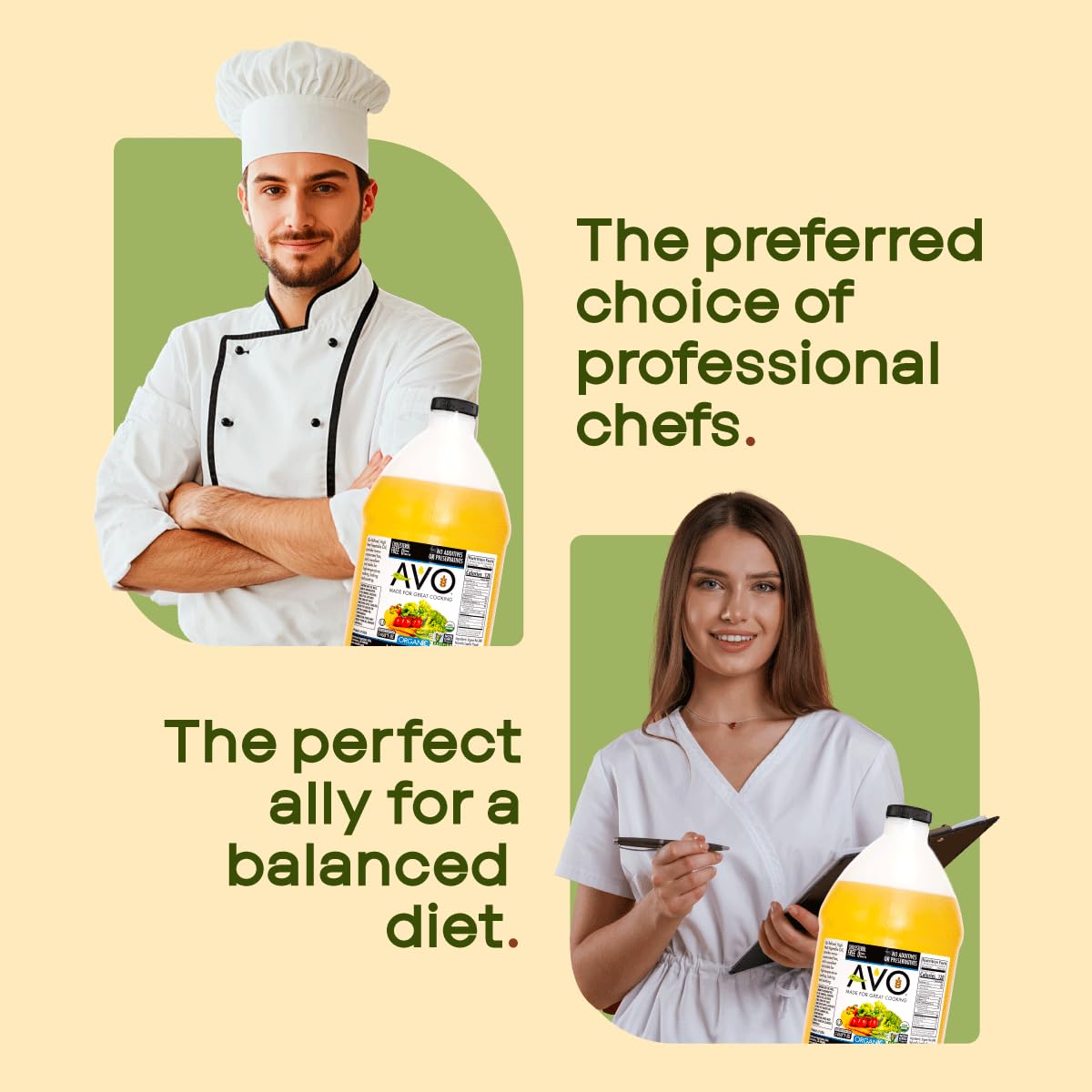 AVO label emphasizes organic certification and no preservatives.