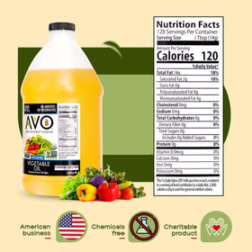 AVO Organic Vegetable Oil label highlights organic, non-GMO quality.