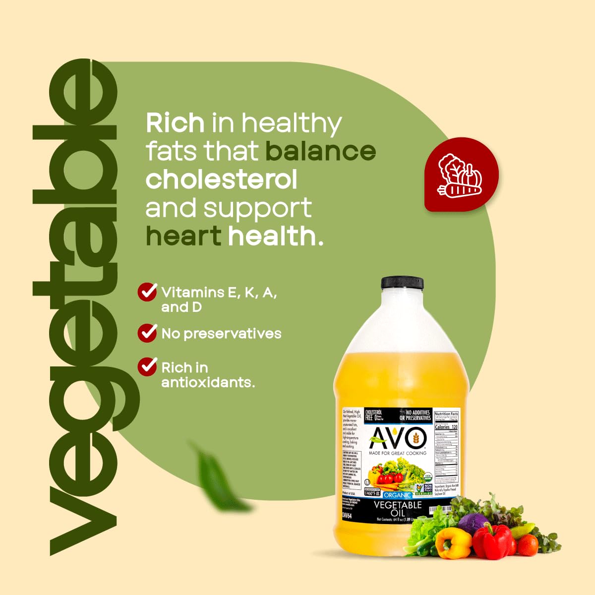 AVO Organic Vegetable Oil bottle on countertop for everyday sautéing.