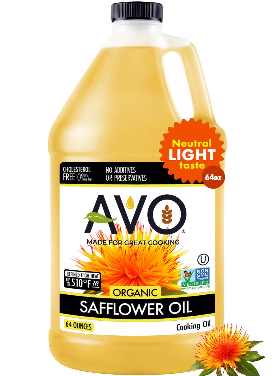 AVO safflower oil bottle ready for pouring in high-heat cooking.