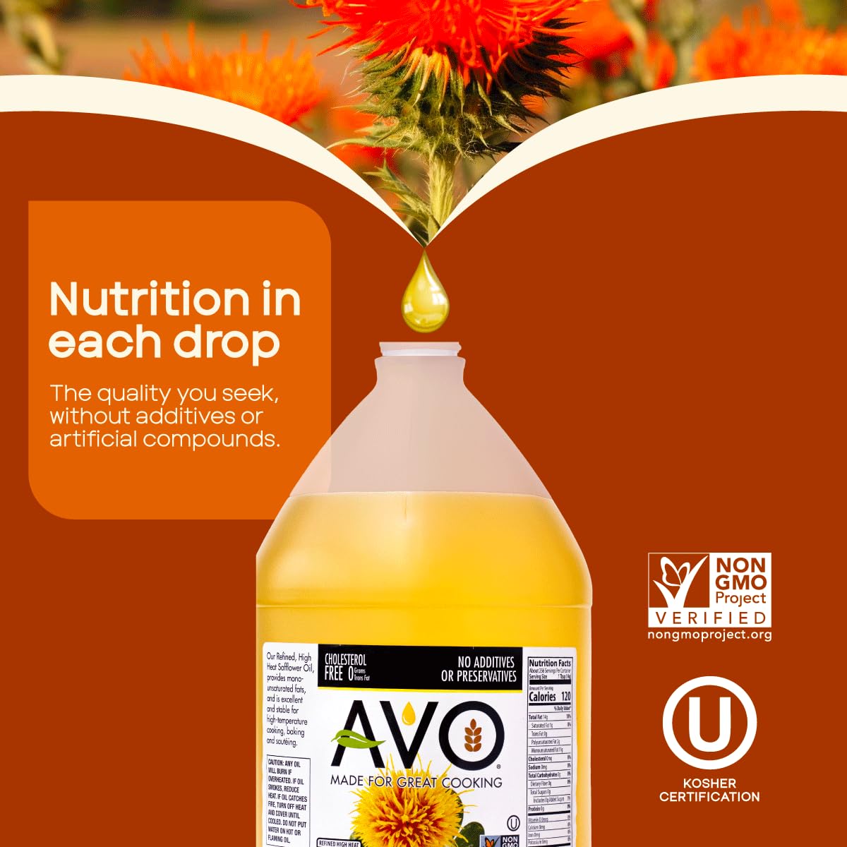 AVO safflower oil bottle highlighting 510°F high smoke point for high-heat cooking.