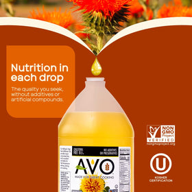 AVO safflower oil bottle highlighting 510°F high smoke point for high-heat cooking.