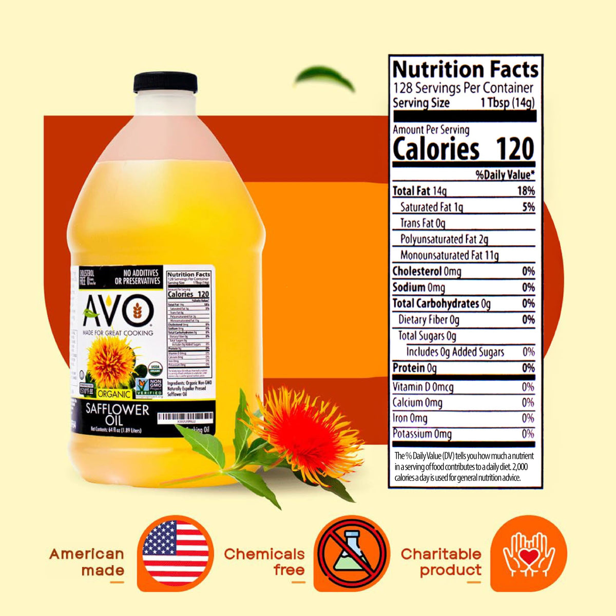 AVO safflower oil label highlights organic and non-GMO certifications.