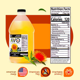 AVO safflower oil label highlights organic and non-GMO certifications.