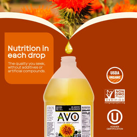 AVO safflower oil packaging with USA-made emphasis.