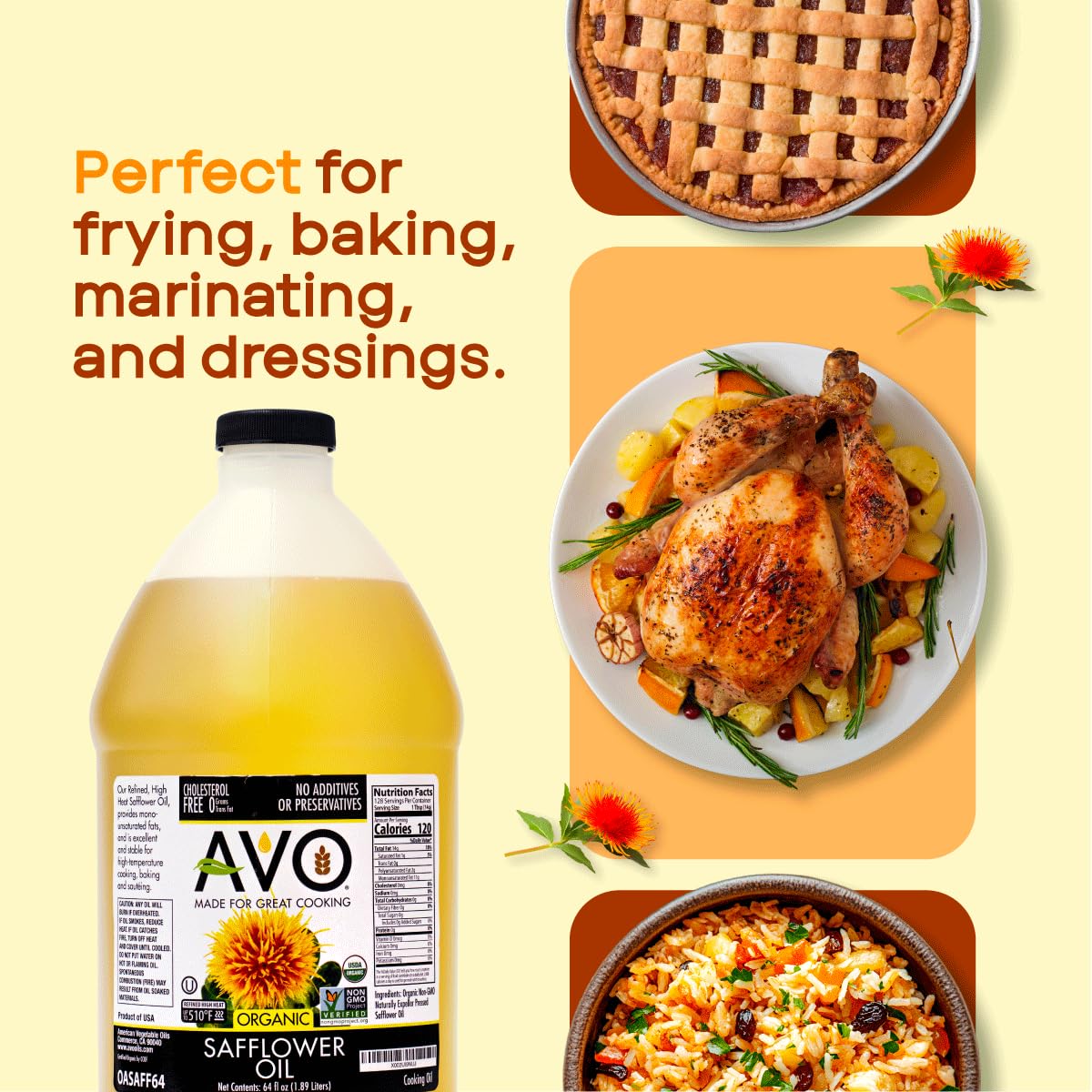 AVO safflower oil on skillet for frying and searing.