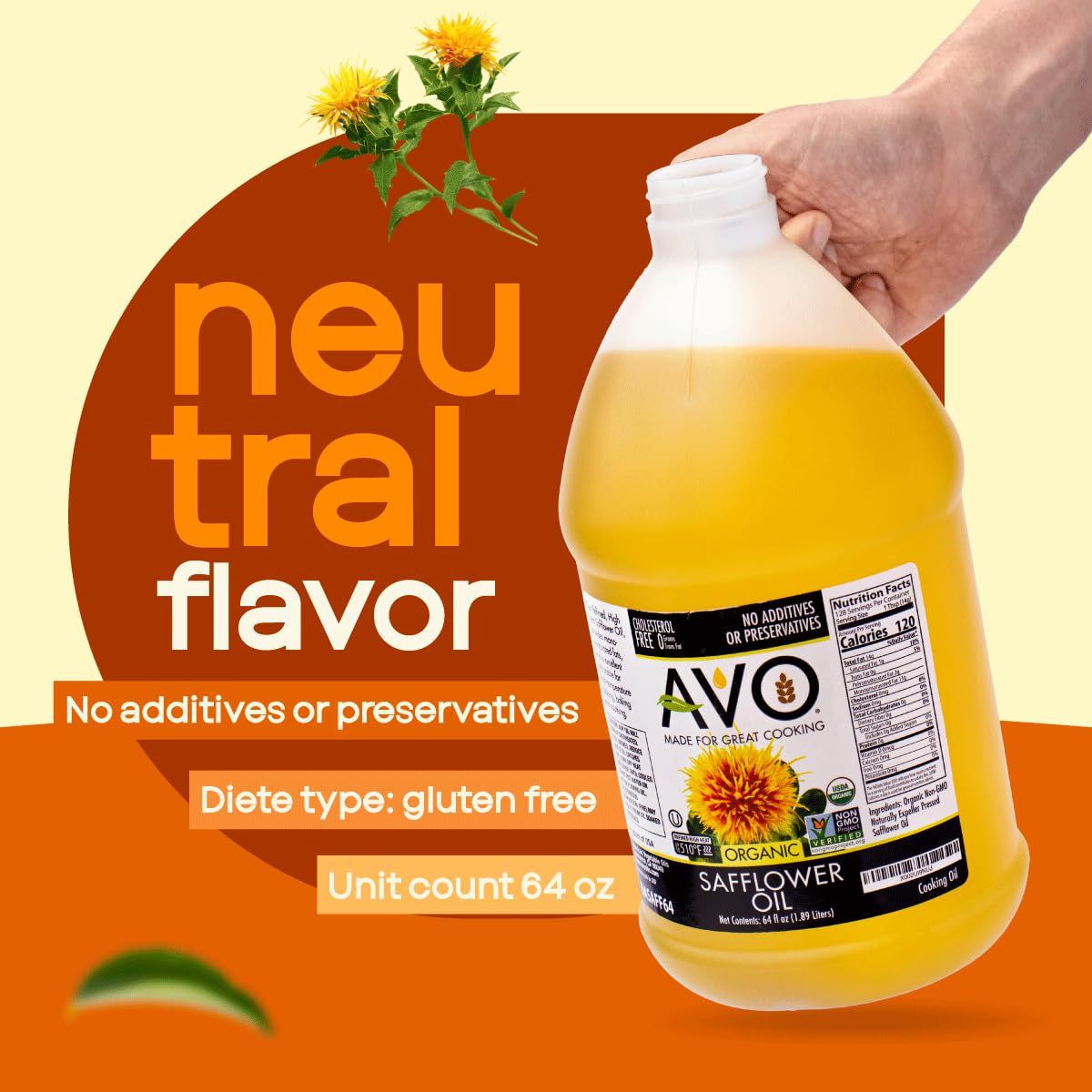 AVO safflower oil USA-made bottle on pantry shelf.