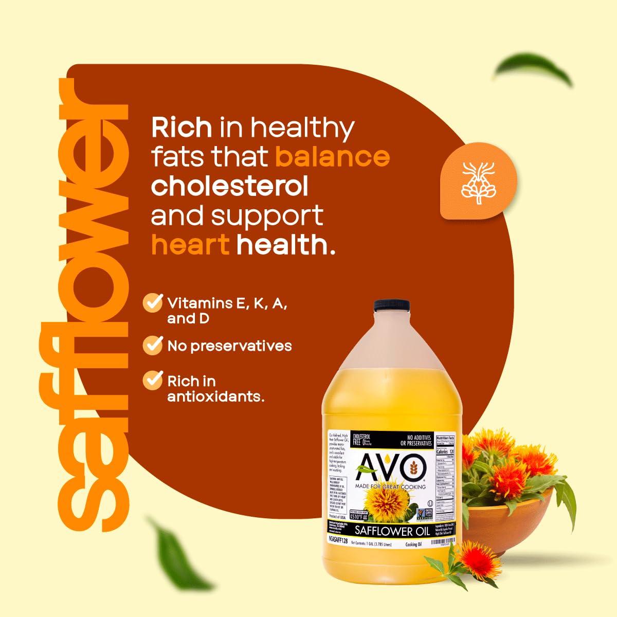 AVO safflower oil bottle close-up shows vitamin E content for versatile cooking.