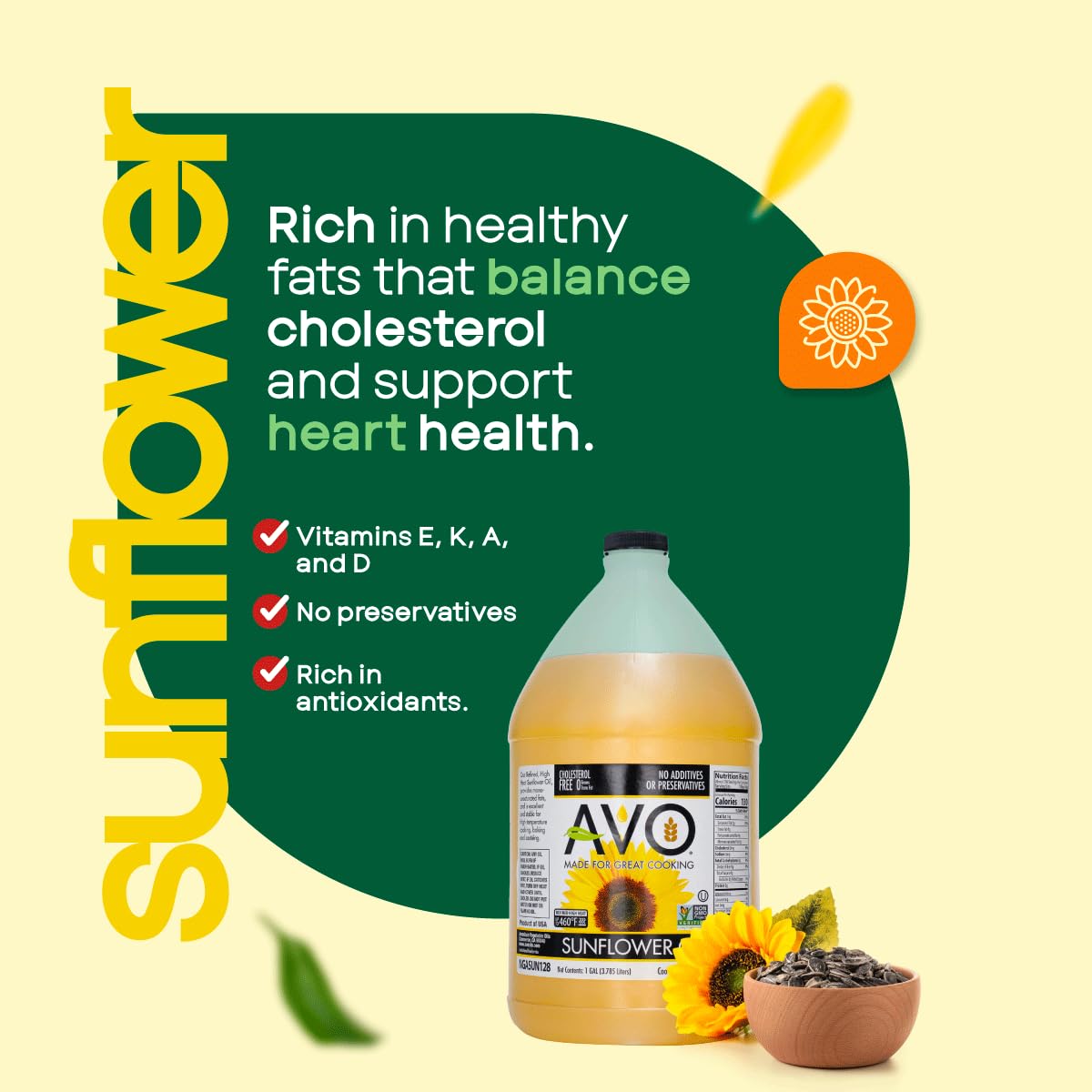 AVO Sunflower Oil 1 gallon label shot with clear ingredient information.