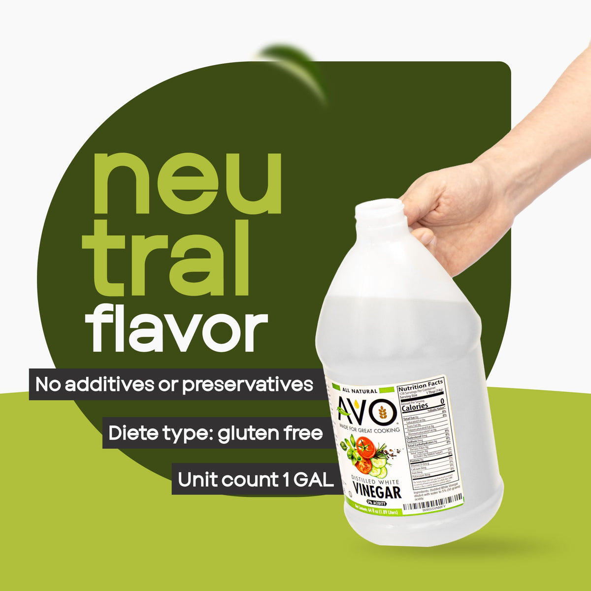 AVO vinegar 5% acidity label closeup showing purity.