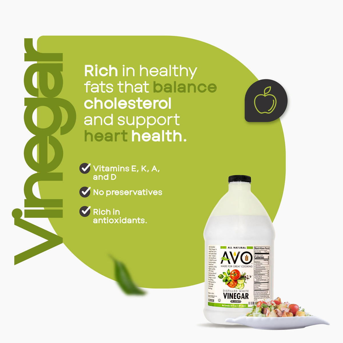 AVO white vinegar used in cooking, highlights versatility in marinades and dressings.