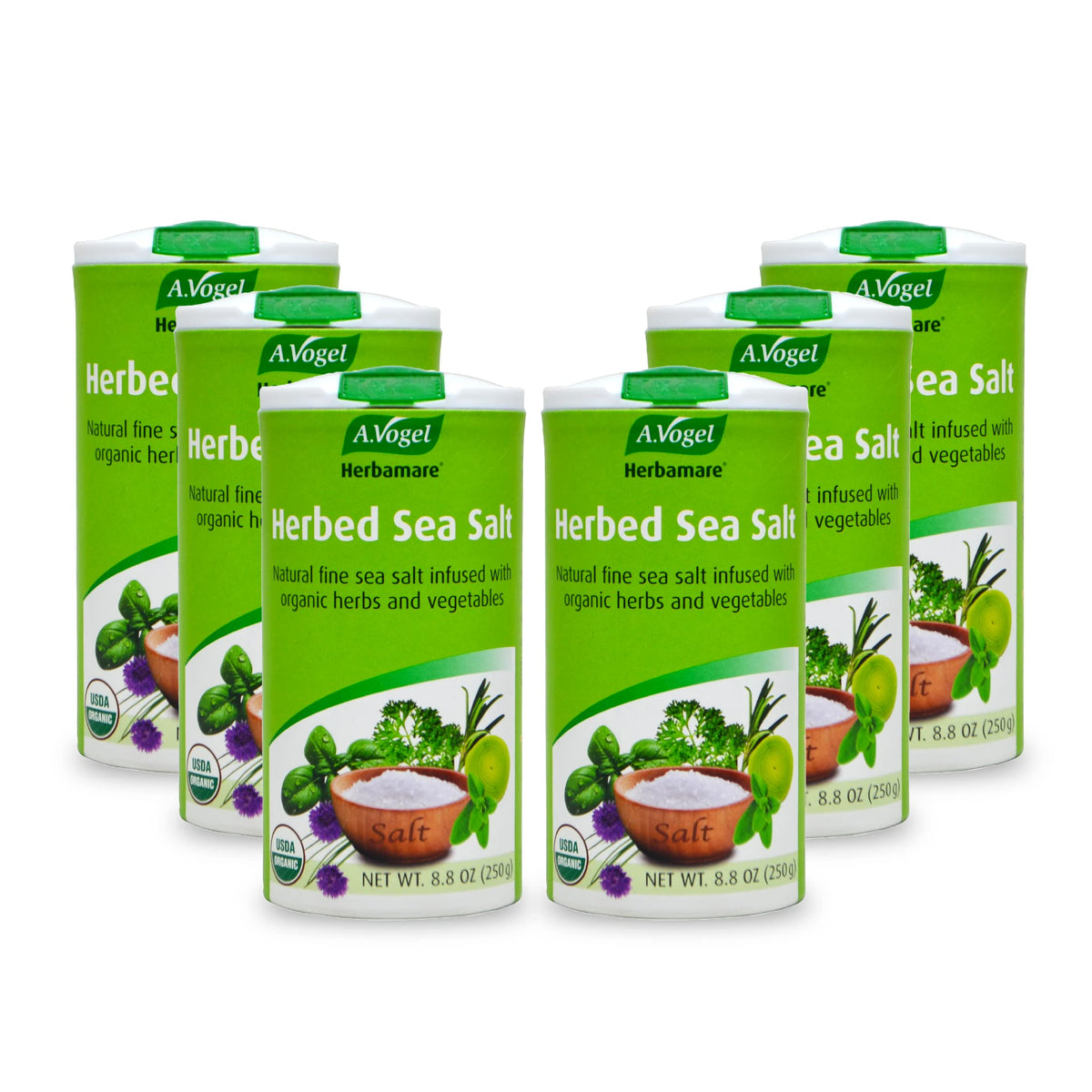 A.Vogel Herbamare bottle of sea salt with herbs on kitchen counter, ready to season meals.