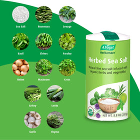Herbamare ingredients label showing organic and non-GMO verification details.