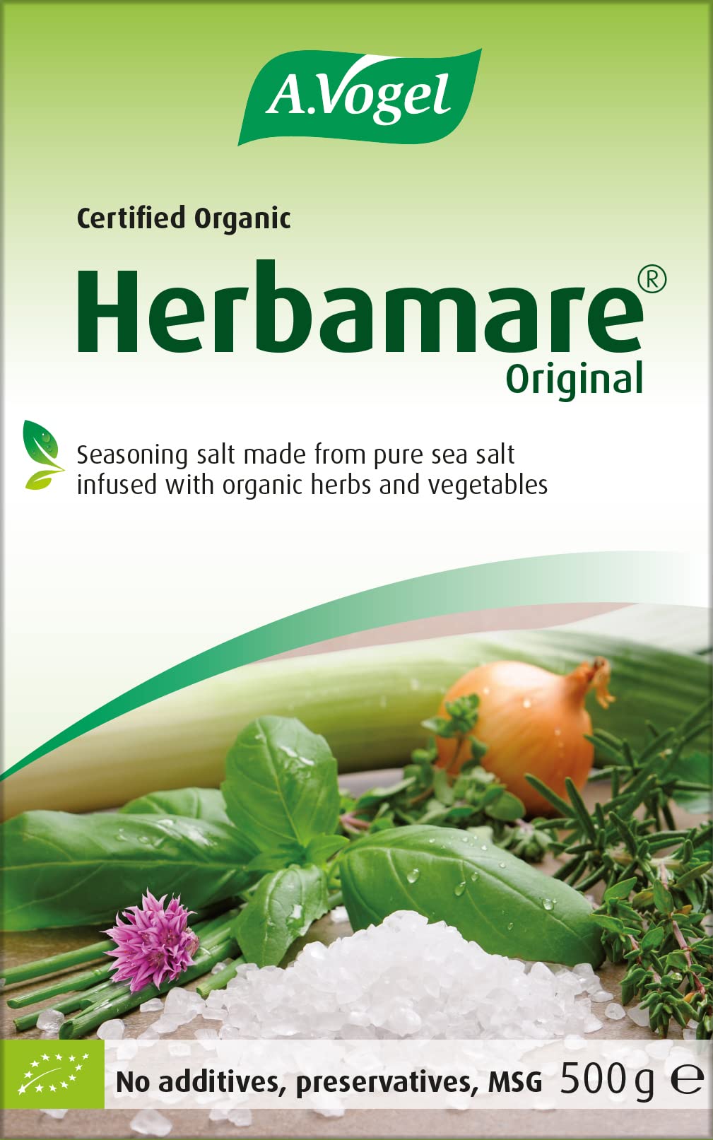 A.Vogel Herbamare Original ingredients close-up showing organic herbs and kelp.