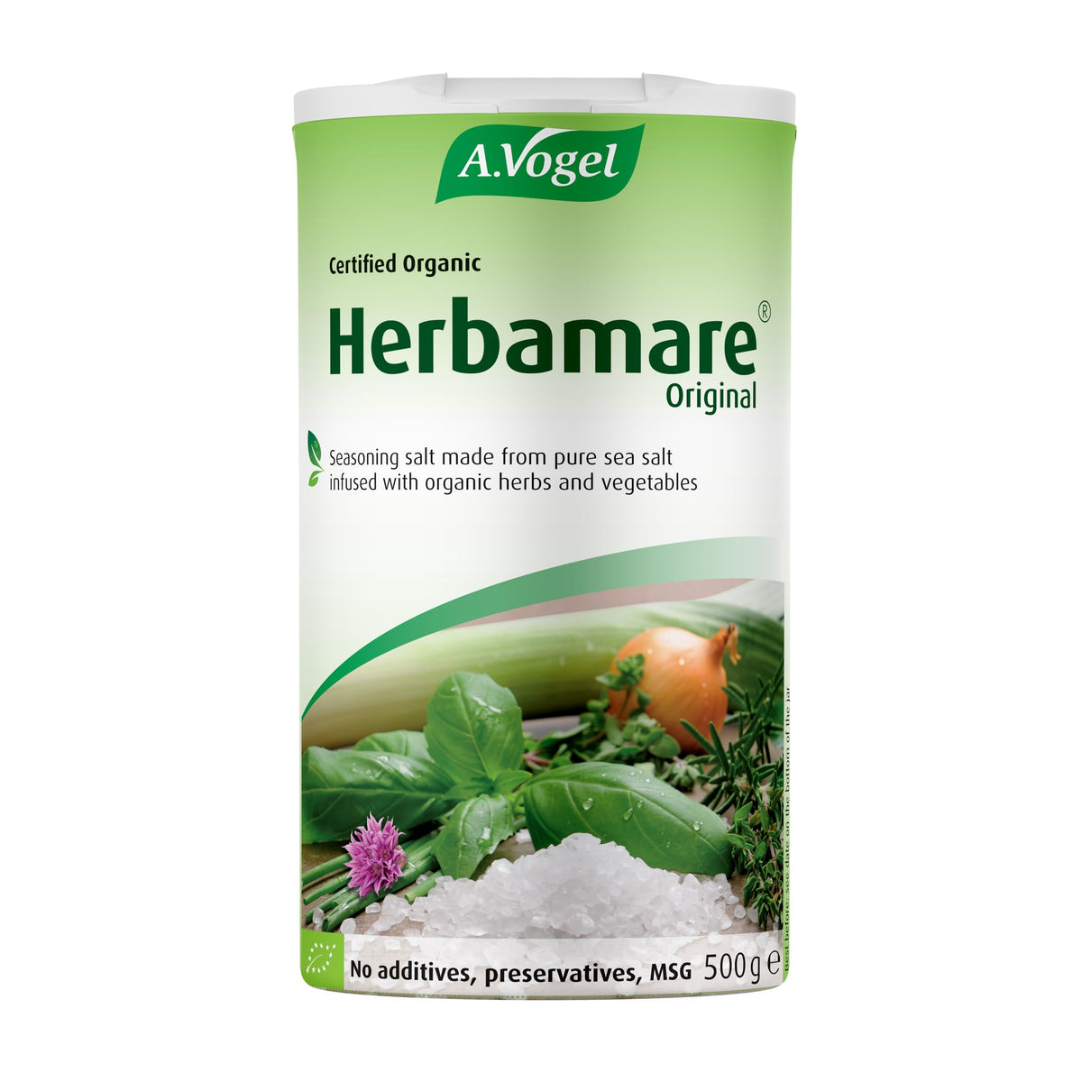 A.Vogel Herbamare Original packaging highlighting organic seasoning blend for healthier flavor.