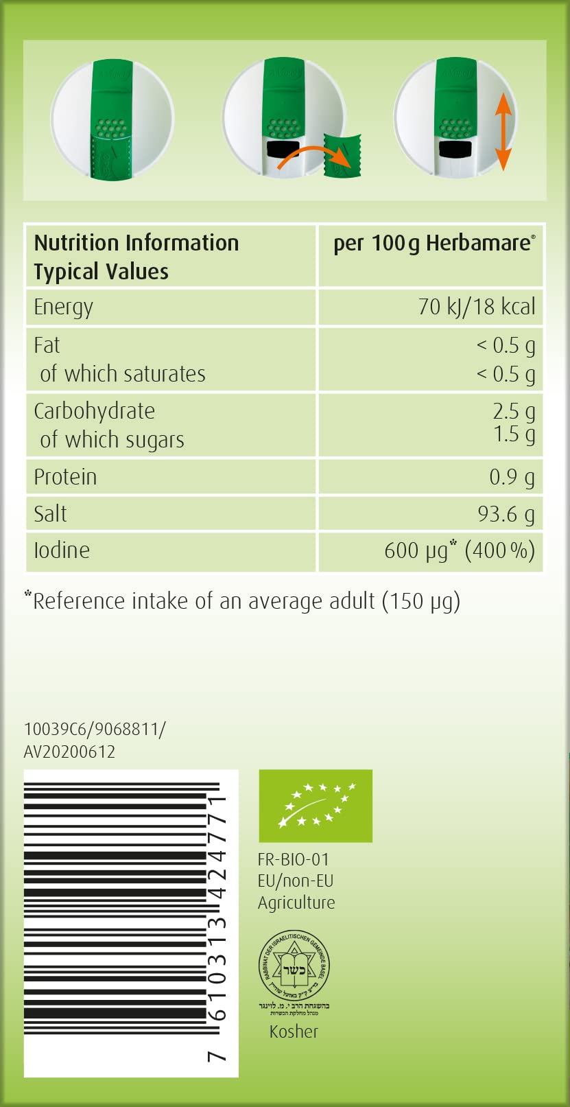 A.Vogel Herbamare Original serving on a dish to elevate vegetables and meals.