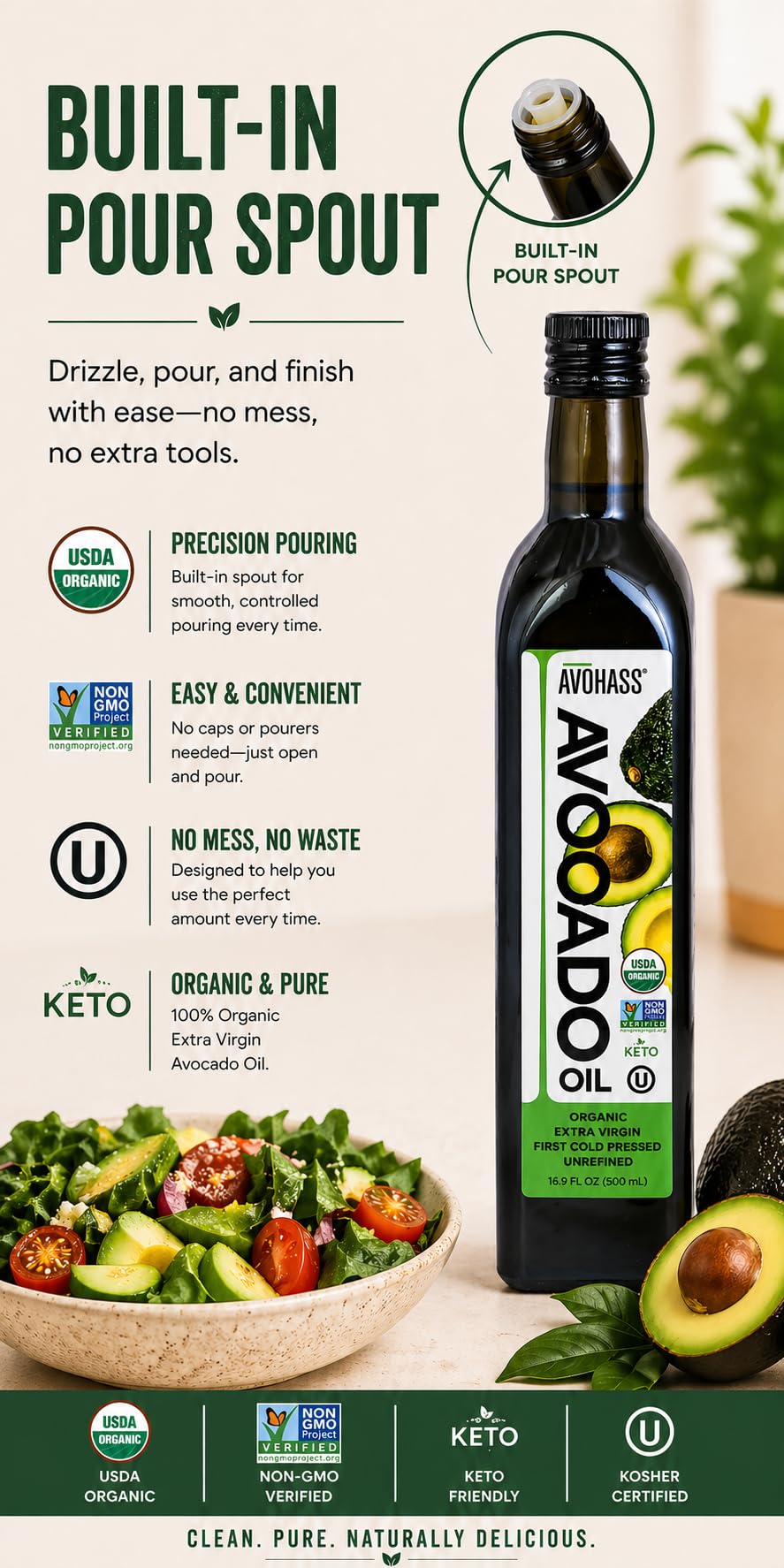 Avohass 8.5 oz bottle offers convenient trial size for new avocado oil lovers.