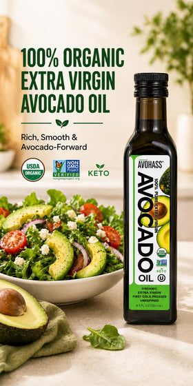 Avohass amber bottle close-up highlights rich flavor and smooth texture.