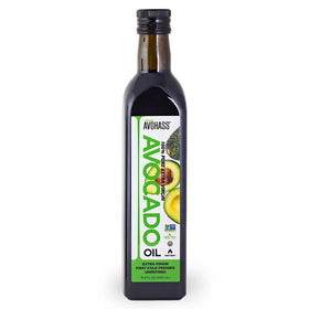Avohass avocado oil bottle pouring to elevate dressings.