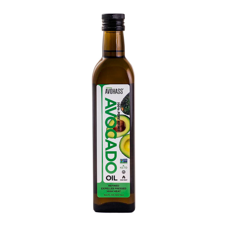 Avohass avocado oil bottle for high-heat cooking with a neutral flavor.