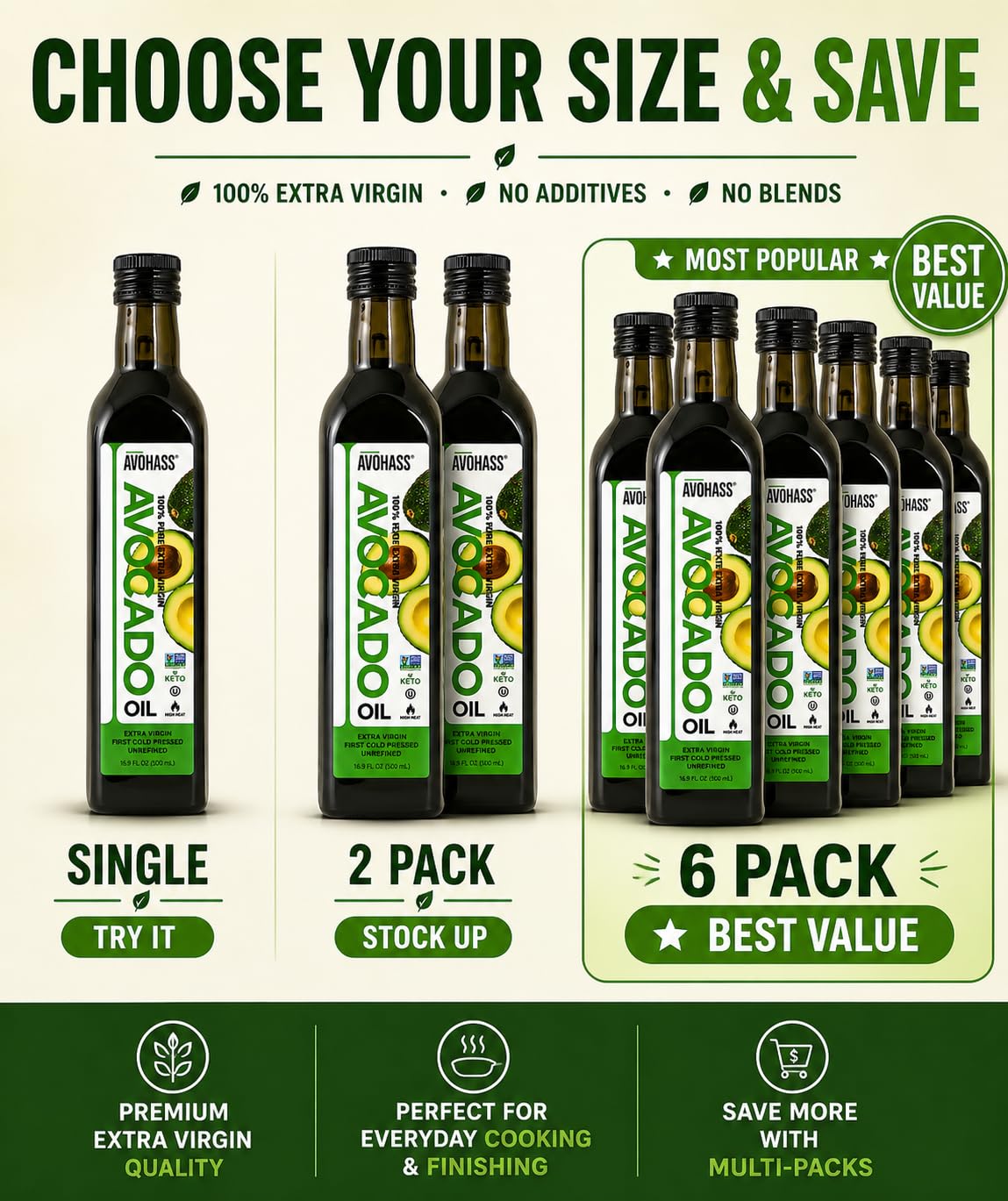 Avohass avocado oil bottle shown with a dressing bowl.