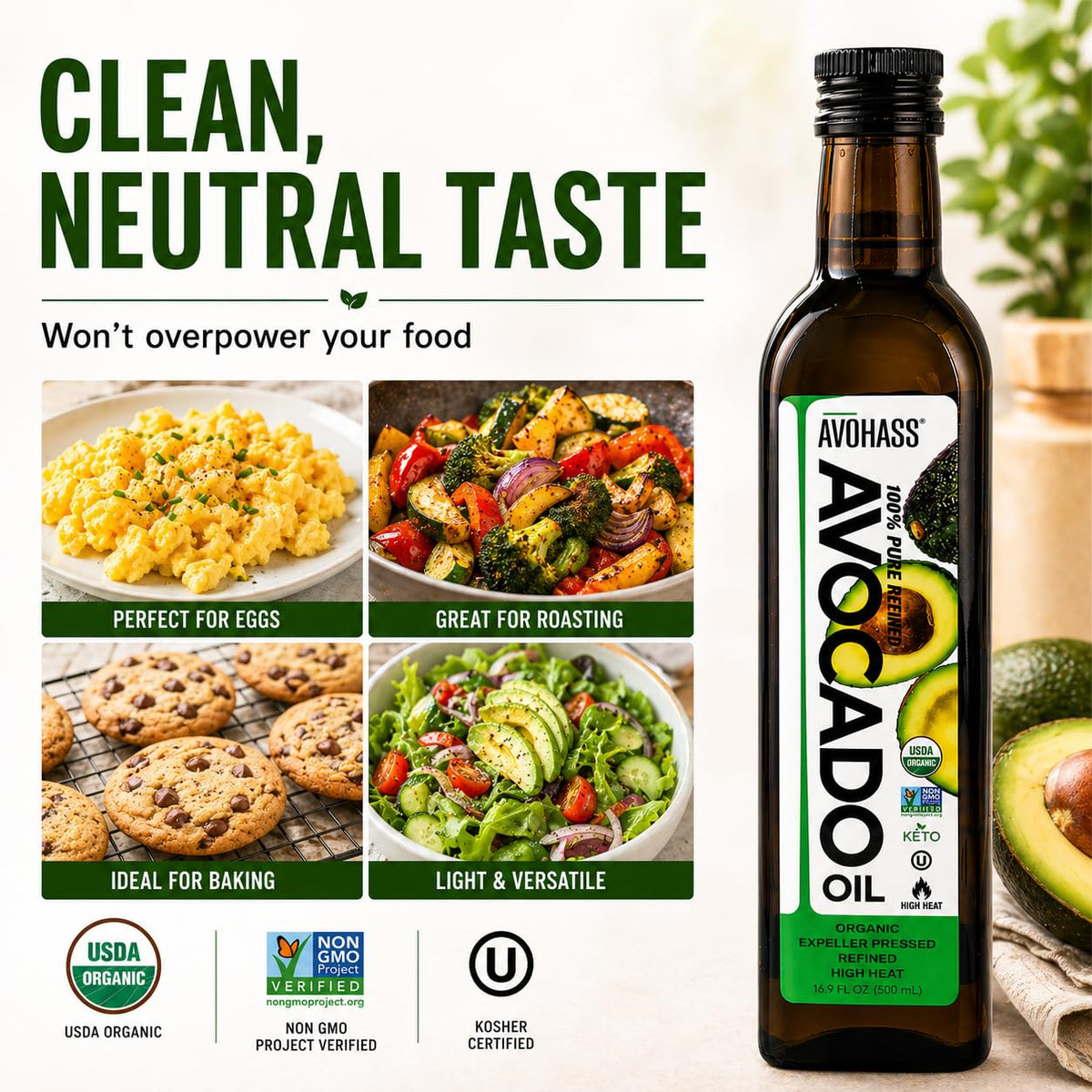 Avohass Avocado Oil expeller pressed refined bottle highlighting purity for consistent results
