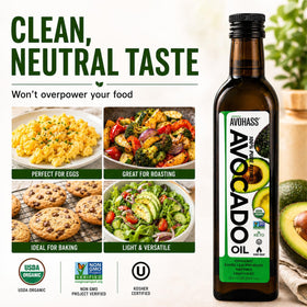 Avohass Avocado Oil expeller pressed refined bottle highlighting purity for consistent results