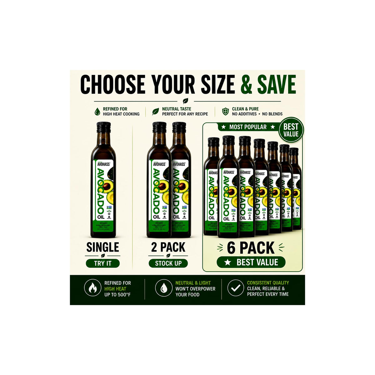 Avohass avocado oil for everyday kitchen use in various recipes.