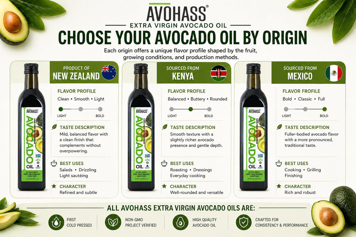 Avohass avocado oil over pasta for a light, fragrant touch