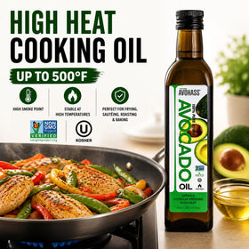 Avohass oil being poured, suitable for frying and sautéing without overpowering taste.