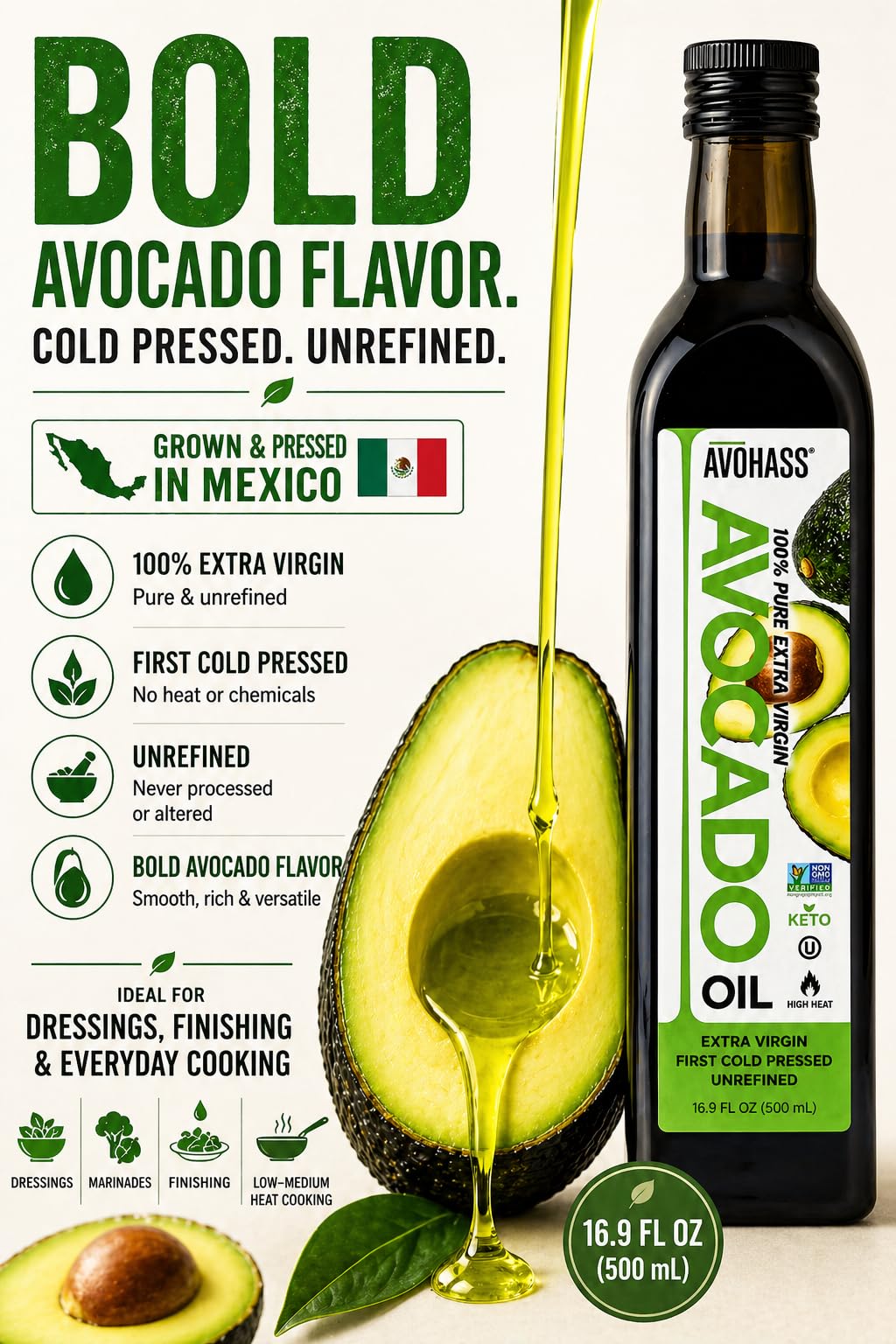 Avohass avocado oil bottle on a salad to highlight avocado-forward flavor.