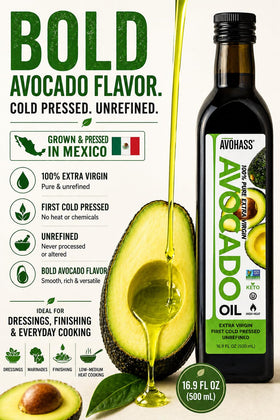 Avohass avocado oil bottle on a salad to highlight avocado-forward flavor.