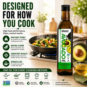 Avohass avocado oil bottle on the kitchen counter ready for baking.