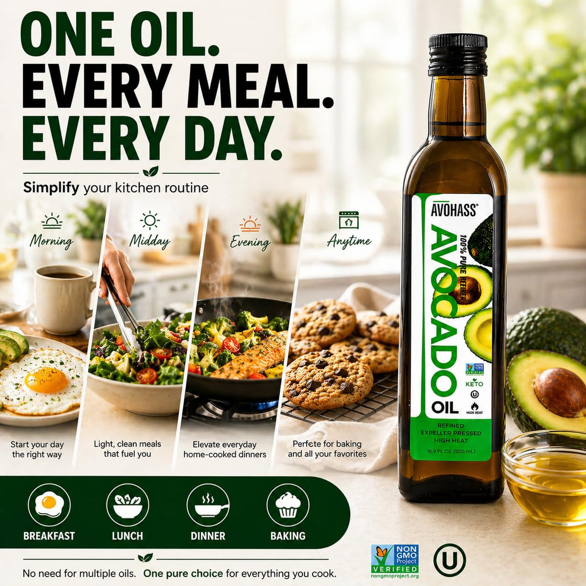 Avohass oil on a pan for searing proteins with light finish.
