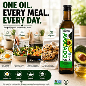 Avohass oil on a pan for searing proteins with light finish.