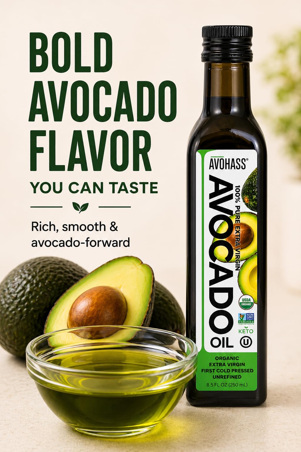 Avohass bottle drizzle demonstrates finishing oil for vegetables, pasta, and salads.