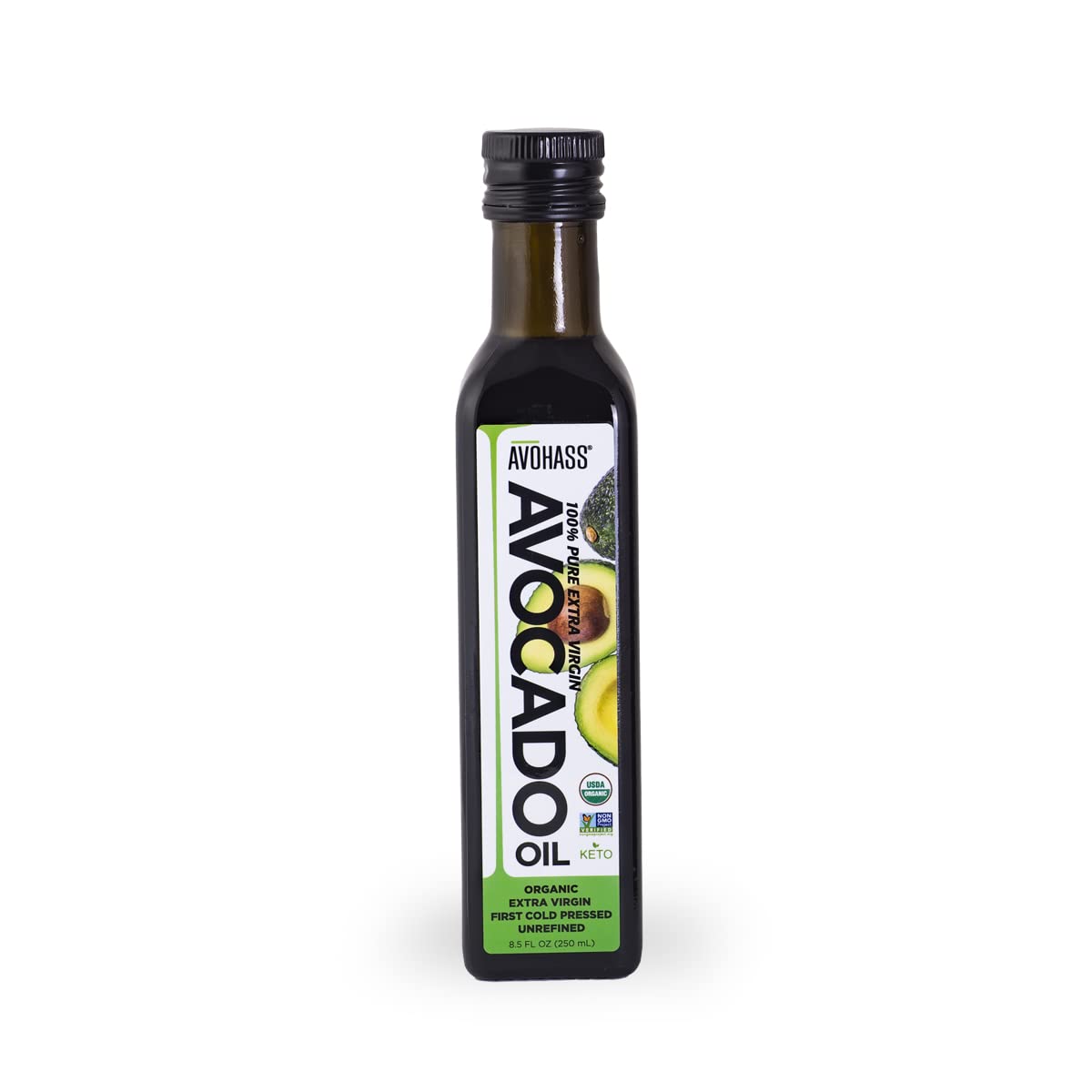 Avohass bottle pour shows avocado-forward oil ideal for dressings.
