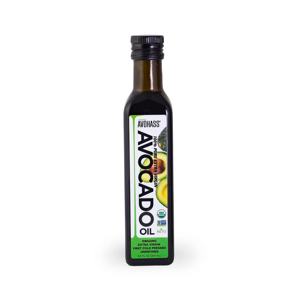 Avohass bottle pour shows avocado-forward oil ideal for dressings.