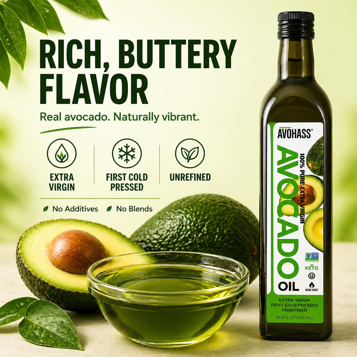 Avohass Kenya avocado oil label detail highlighting cold pressed quality