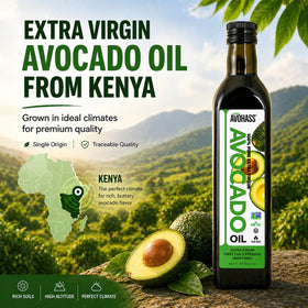 Avohass Kenya avocado oil pour captured mid-drizzle for finishing dishes