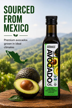 Avohass label close-up confirms organic, first cold pressed quality.