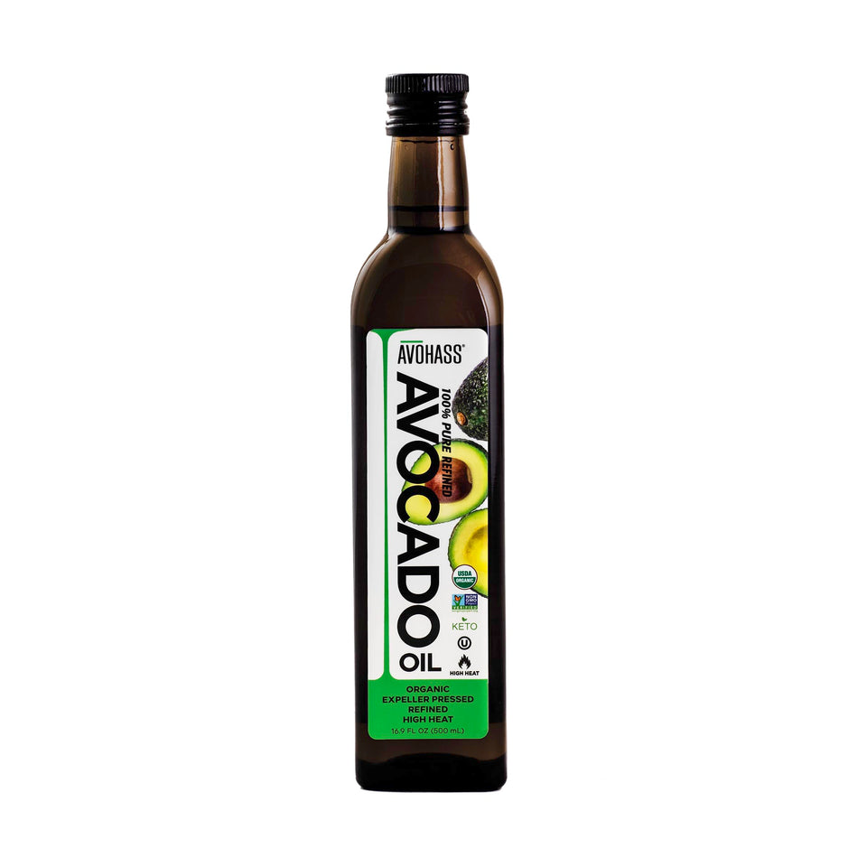 Avohass Organic Avocado Oil bottle with pour spout for clean, high-heat cooking