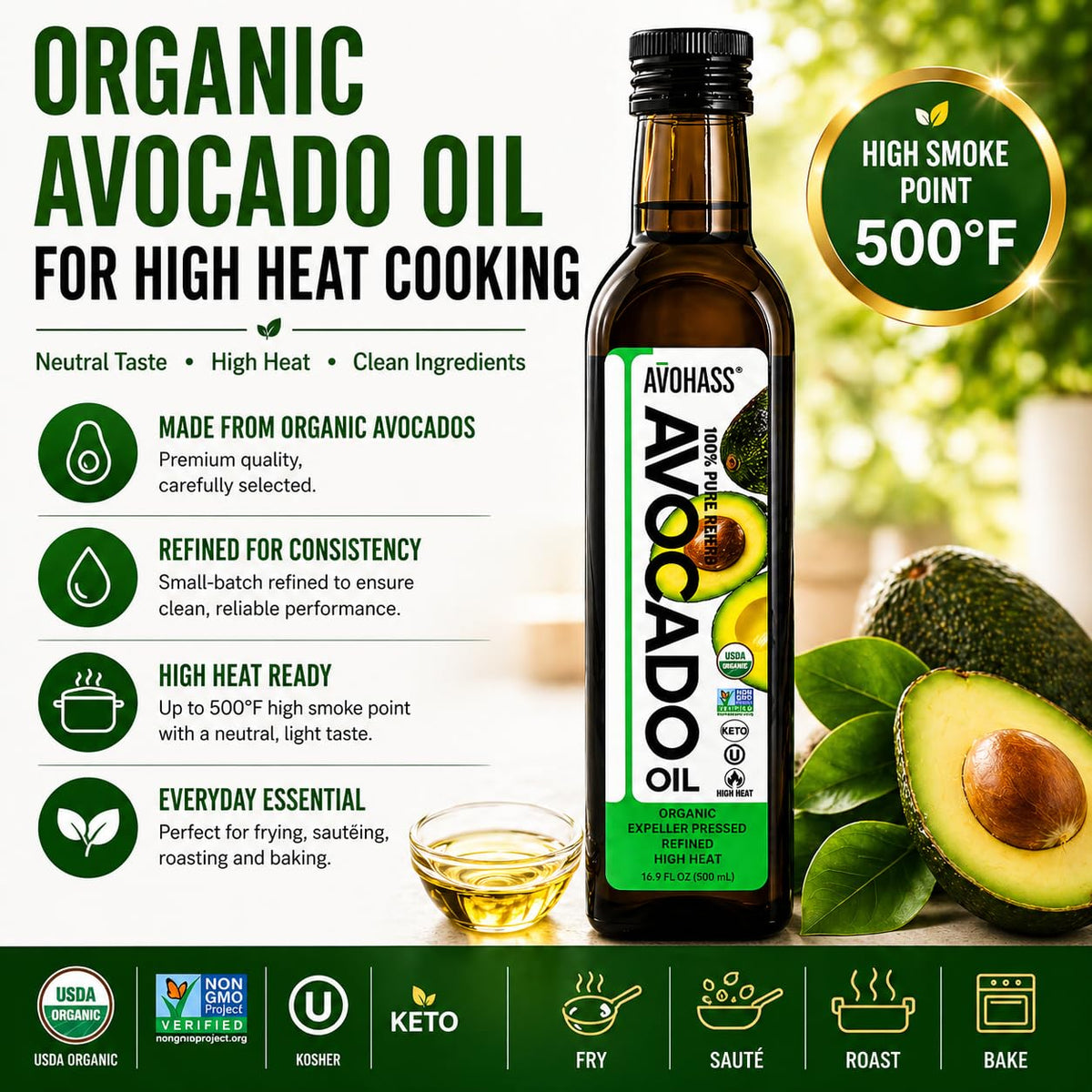 Avohass Organic Avocado Oil high-heat pan scene showcasing versatile frying