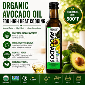 Avohass Organic Avocado Oil high-heat pan scene showcasing versatile frying