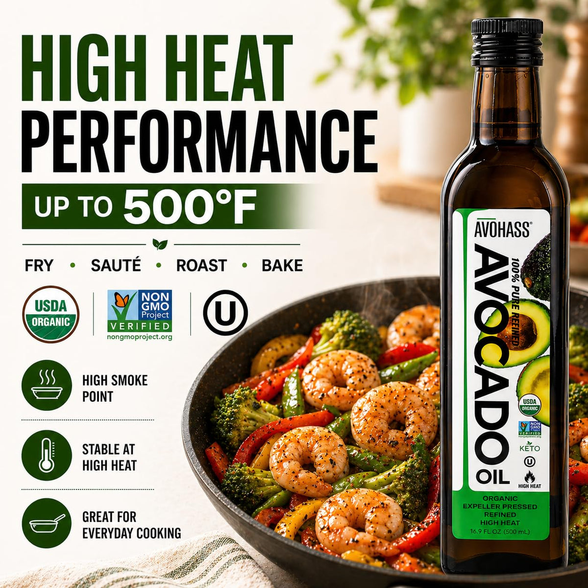 Avohass Organic Avocado Oil neutral flavor label emphasizes subtle taste for all dishes